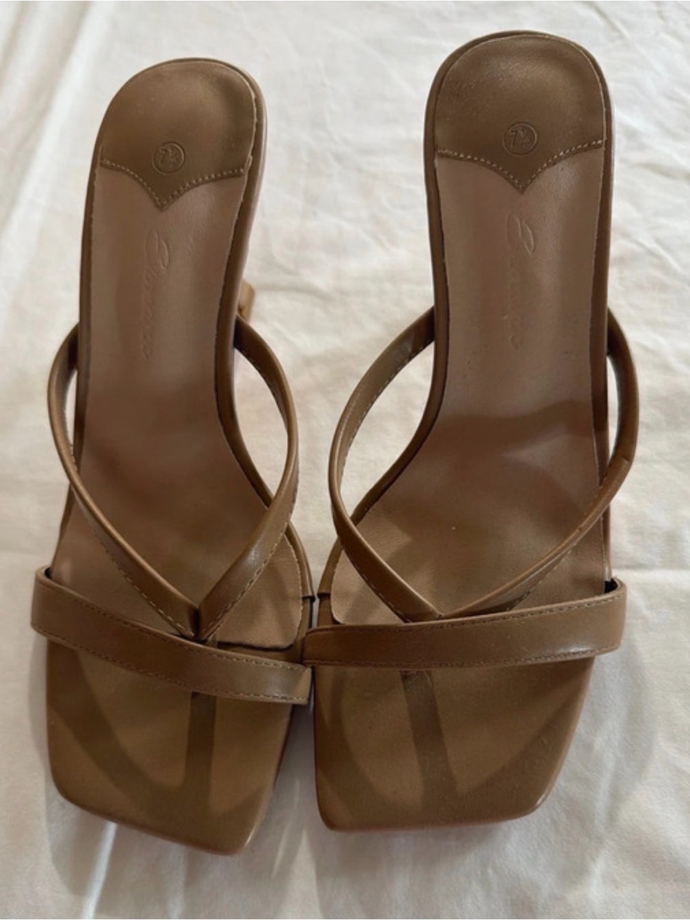Women's Tan Square-Toe Strappy Slide Heels